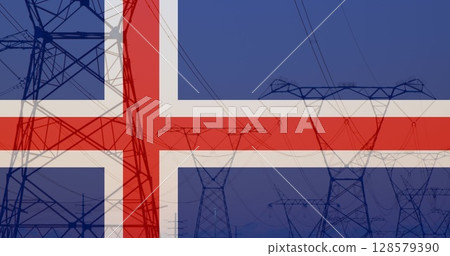 Image of flag of iceland over pylons Image of flag of iceland over pylons 128579390