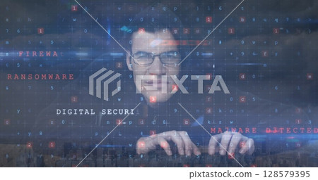 Image of caucasian male hacker and cyber attack warning over cityscape 128579395