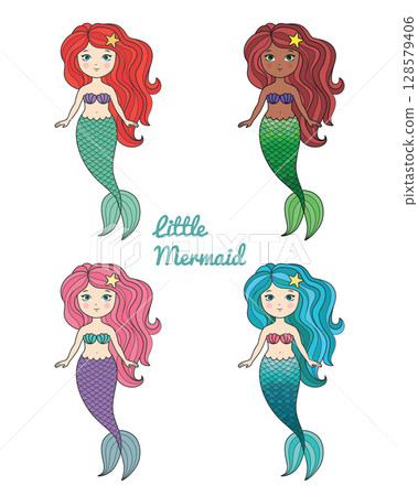Cute little mermaid with long hair cartoon style vector illustration. Different colors set collection 128579406