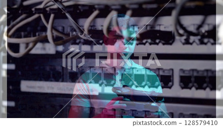 Image of men using vr headset over server room Image of men using vr headset over server room 128579410