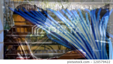 Image of men using vr headset over server room Image of men using vr headset over server room 128579422
