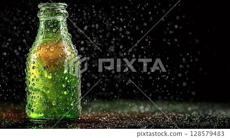Green glass bottle covered with condensation in the rain 128579483