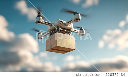 Modern quadcopter drone delivering package on cloudy sky 128579484