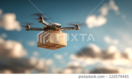 Drone delivering package flying in cloudy sky 128579485