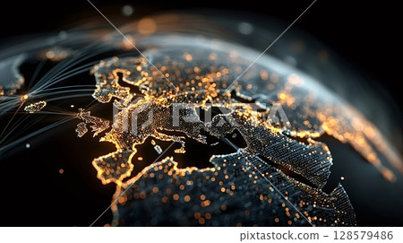 Planet earth rotating, connecting europe with network lines, creating global community 128579486