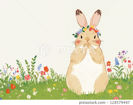 A rabbit wearing a flower crown and a spring flower field 128579497