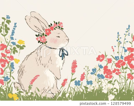 Illustration of a rabbit relaxing in a spring field 128579499
