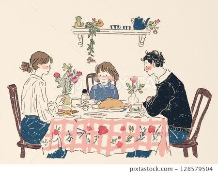Smiling family dinner illustration Smiling family dinner illustration 128579504