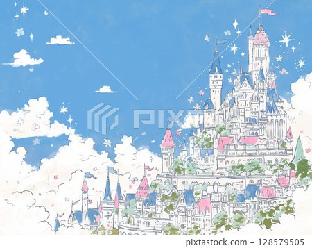 Illustration of a fantastic castle spreading out over the clouds Illustration of a fantastic castle spreading out over the clouds 128579505