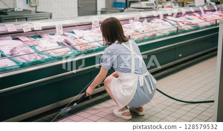 A female store clerk cleaning the floor of the fresh fish section of a supermarket 128579532