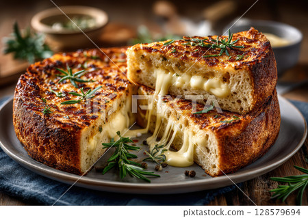 Gooey melted cheese in crispy sourdough bread with fresh rosemary on rustic plate setting 128579694