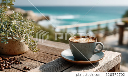 Ceramic cup of cappuccino with latte art on wooden table overlooking ocean 128579702