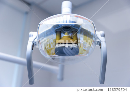 Detailed View of a Modern Dental Lamp with Reflective Surface, Highlighting its Design and Functionality in the Dental Clinic Environment 128579704