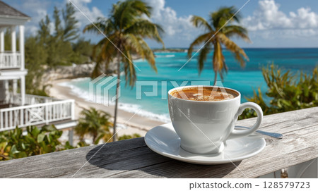 Tropical beachfront retreat with palm trees and ocean view, perfect for relaxation, featuring a coffee cup on a wooden balcony Tropical beachfront retreat with palm trees and ocean view, perfect for relaxation, featuring a coffee cup on a wooden balcony 128579723