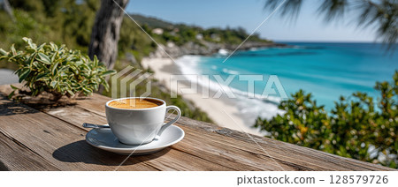 Scenic beachfront coffee enjoyment with ocean view from rustic wooden table 128579726