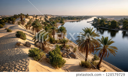 Serene desert oasis landscape featuring palm trees and tranquil river at sunset 128579729