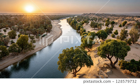 Serene sunrise over calm river flowing through lush oasis in arid desert landscape with verdant trees and vast horizon Serene sunrise over calm river flowing through lush oasis in arid desert landscape with verdant trees and vast horizon 128579732