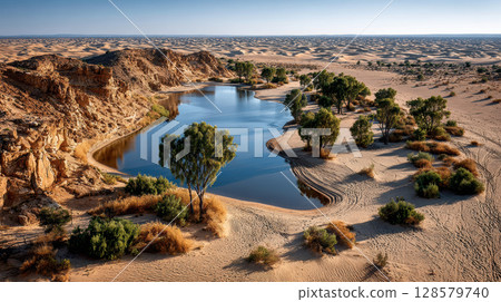 Serene desert oasis with sand dunes and reflective water in arid landscape 128579740