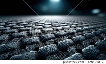 Intricate close-up of interwoven black and blue fabric texture in low light 128579817