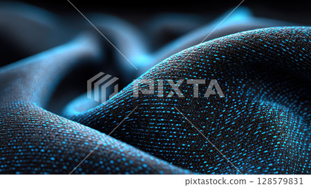 Close-up of blue fiber optic fabric texture background with illuminated threads in abstract wave pattern 128579831