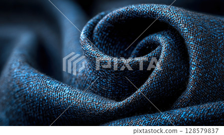 Close-up of textured blue fabric with artistic swirls and detailed patterns 128579837