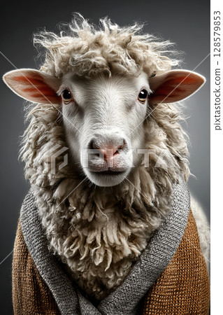 Close-up of a sheep wearing a wool coat against a gray background 128579853
