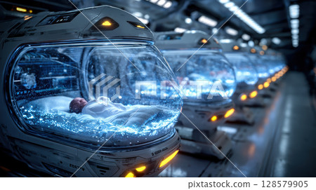 Futuristic infant incubators in spacecraft nursery with neon blue lighting 128579905