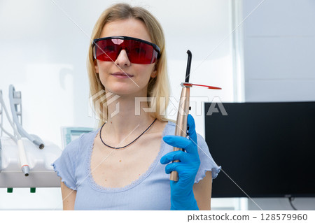 A Confident Dental Professional Prepared for Treatment Using a Modern Laser Tool in a Well-Equipped Dental Clinic Environment with Safety Precautions in Place 128579960
