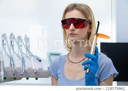 A Young Female Dentist Prepared for a Procedure with Protective Glasses and Advanced Dental Equipment in a Modern Clinic Setting 128579962