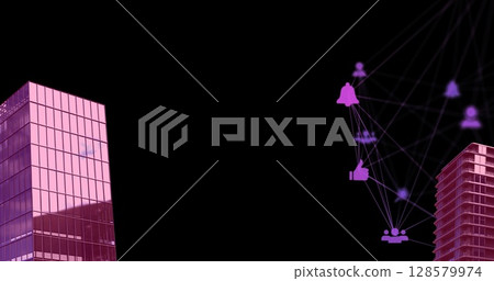 Image of digital network of connections with icons over pink 3d cityscape model Image of digital network of connections with icons over pink 3d cityscape model 128579974
