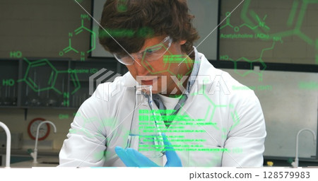Image of scientific data processing over of caucasian male lab worker 128579983