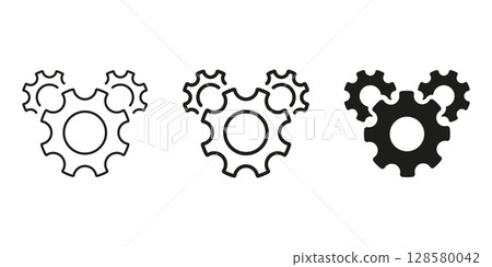 Three Interlocking Gears Line And Solid Icon Set. Mechanical Engineering, Process Optimization, And Industrial Automation Outline And Silhouette Symbol Collection. Isolated Vector Illustration 128580042