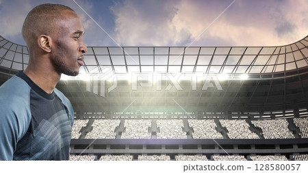 Athlete is standing in stadium flat design, showing floodlights and tiered seating for sports 128580057