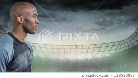 Flat design is showing athlete standing in stadium, with floodlights and seating tiers for fitness Flat design is showing athlete standing in stadium, with floodlights and seating tiers for fitness 128580058