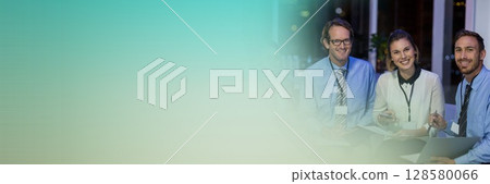 Three professionals are discussing ideas in flat design business meeting with notepad tablet badges Three professionals are discussing ideas in flat design business meeting with notepad tablet badges 128580066