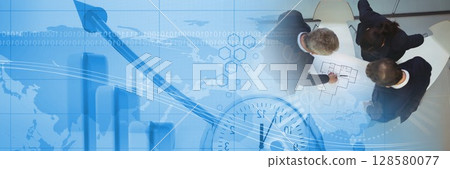 Business professionals are reviewing architectural floor plan in flat design with world map overlay 128580077