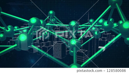 Neon-green network overlay is connecting wireframe city buildings in 3D render for technology 128580086