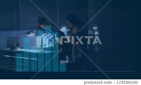Three coworkers are working on laptop in flat design business office, with tablet and data graphs 128580100