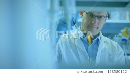 Scientist is using pipette over Bunsen burner flame in flat design chemistry lab, technology theme Scientist is using pipette over Bunsen burner flame in flat design chemistry lab, technology theme 128580122