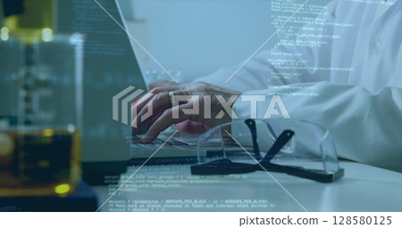 Researcher hands are typing on laptop with code overlay, safety glasses in flat design, technology 128580125