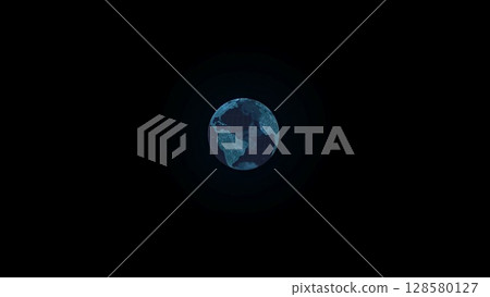 Holographic blue Earth globe is floating in cyberspace with grid lines, tech theme, copy space 128580127