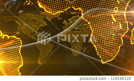 Flat design world map is glowing with yellow dots over dark grid and light streaks, technology Flat design world map is glowing with yellow dots over dark grid and light streaks, technology 128580128