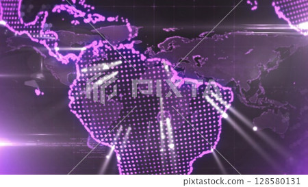 Stylized dotted map of South America is glowing with light beams in flat design tech interface 128580131