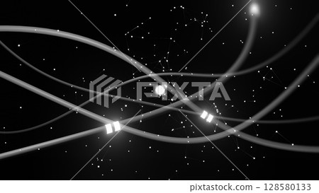 Glowing curved light trails and bright nodes are forming tech network visualization in flat design 128580133