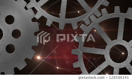 Three interlocking metallic gears rotating in flat design over cosmic network backdrop, technology 128580141