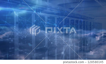 Showing flat design data center aisle with LED-lit server racks and cloud network overlay for tech Showing flat design data center aisle with LED-lit server racks and cloud network overlay for tech 128580145