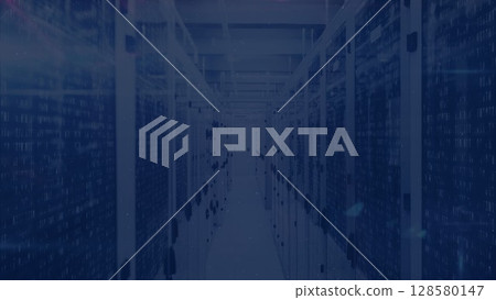 Long narrow data center aisle is extending in flat design, with blinking server LEDs for technology Long narrow data center aisle is extending in flat design, with blinking server LEDs for technology 128580147