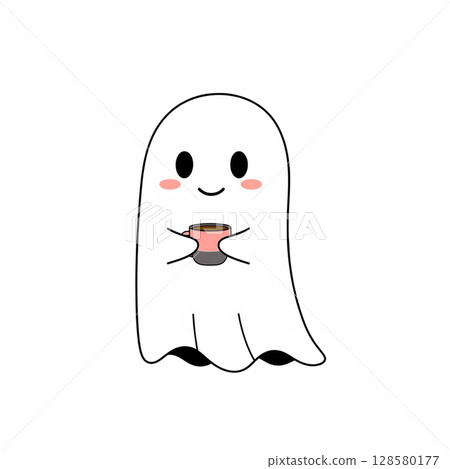 Cute Ghost Holding a Coffee or Tea Cup 128580177