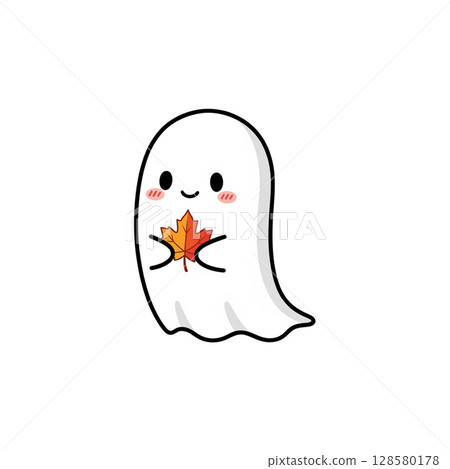 Cute Ghost Holding an Autumn Leaf 128580178