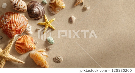 A beautiful arrangement of assorted seashells and starfish artfully scattered on a bed of clean, yellow sand, creating a serene and natural background ideal for summer and beach-themed designs 128580200